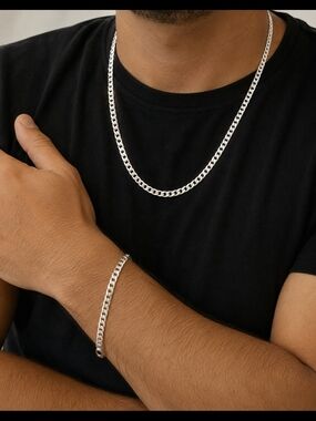 Sterling Silver Cuban Chain Necklace & Bracelet Set - Silver 925